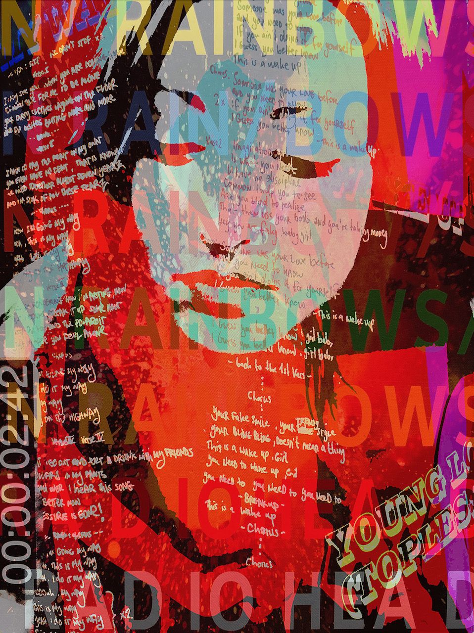 Ute Bruno abstrakte Collage Frauen Portrait und bunte Typographie Flächen