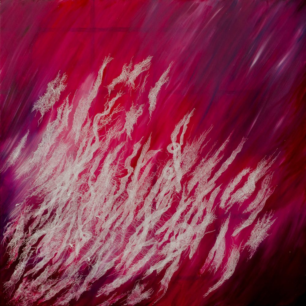 Maria Pia Pascoli cuadro abstracto hilos de gasa volando sobre fondo rojo