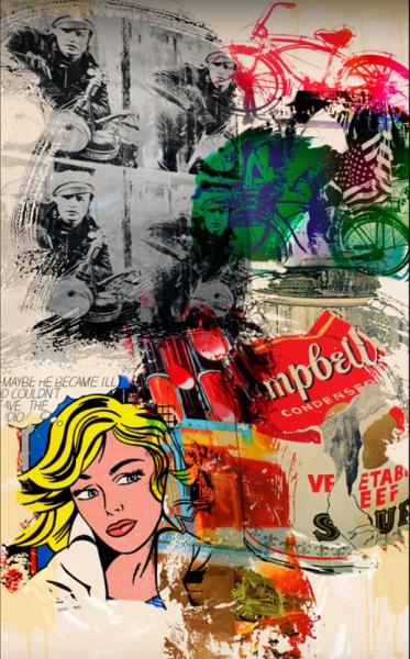 Jürgen Kuhl abstract collage pop art comic woman and bicycles and Campbell soup can and man with instrument
