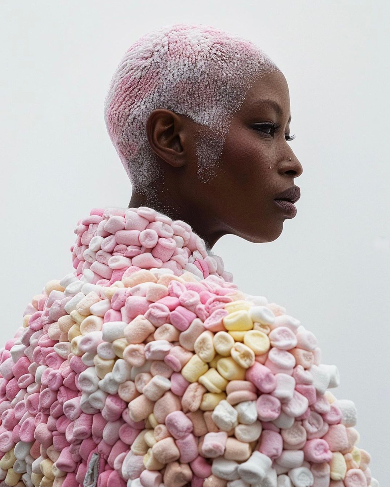 Bonny Carrera's AI-generated portrait image ‘Marshmallows’ shows a young woman wearing a marshmallow jacket. The colours are predominantly pink.