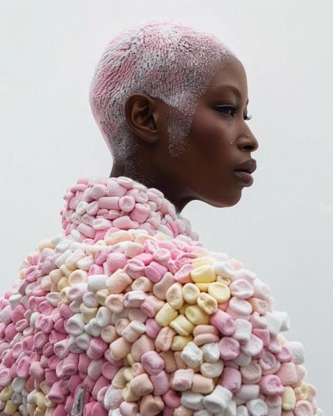 Le portrait « Marshmallows » généré par l'IA de Bonny Carrera montre une jeune femme portant une veste en guimauve. Les couleurs sont majoritairement roses.