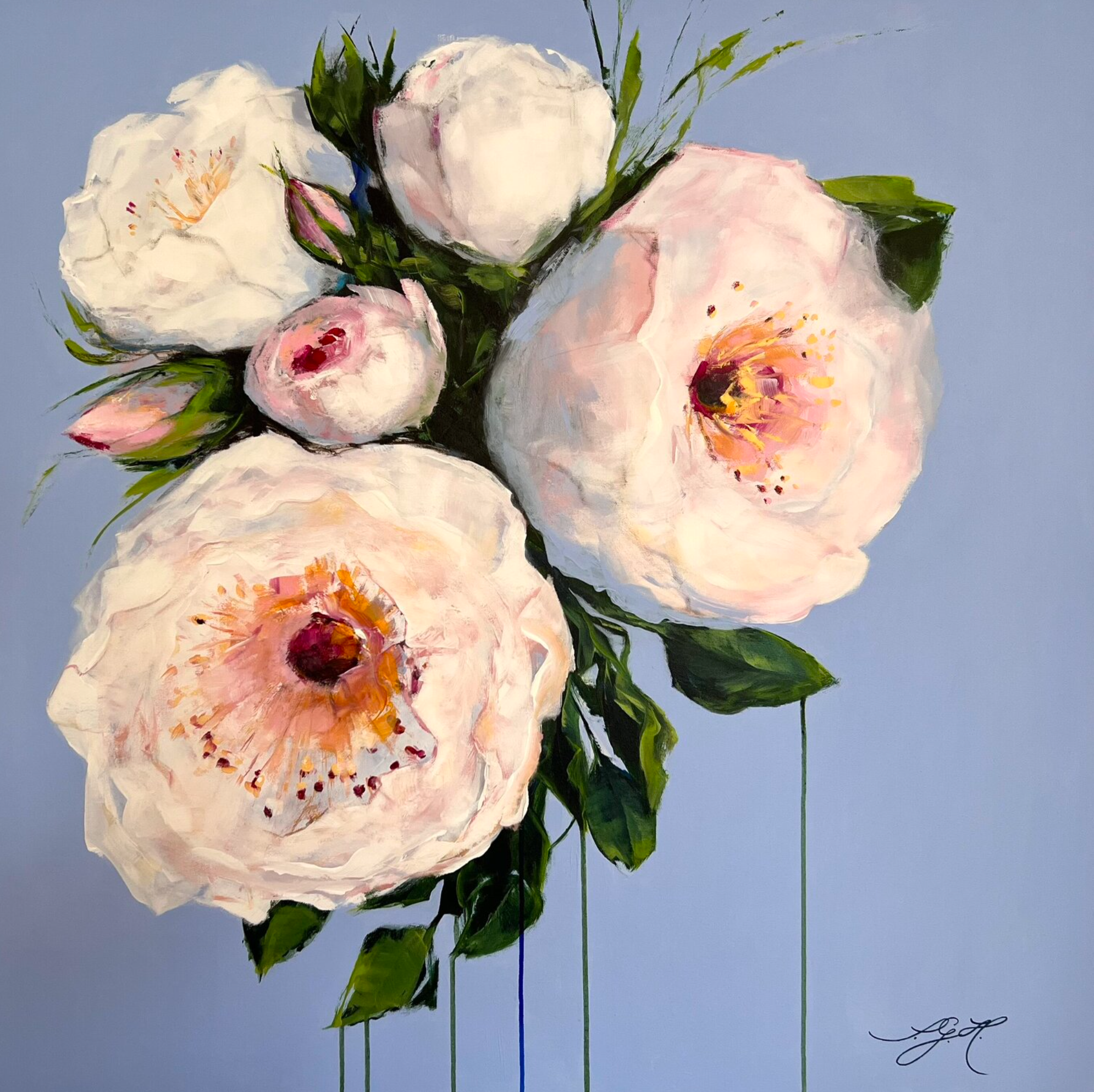 在Sandra Gebhardt-Hoepfner的 "大花3 "彩色画作中，艺术家将白色、粉色、粉红色的玫瑰与郁郁葱葱的绿色和浅绿色的叶子排列在浅蓝色、淡紫色的背景上。它们是她在汉堡的夏季花园里的当年的玫瑰。白色的花朵闪烁着几乎透明的光芒，轻如鸿毛。