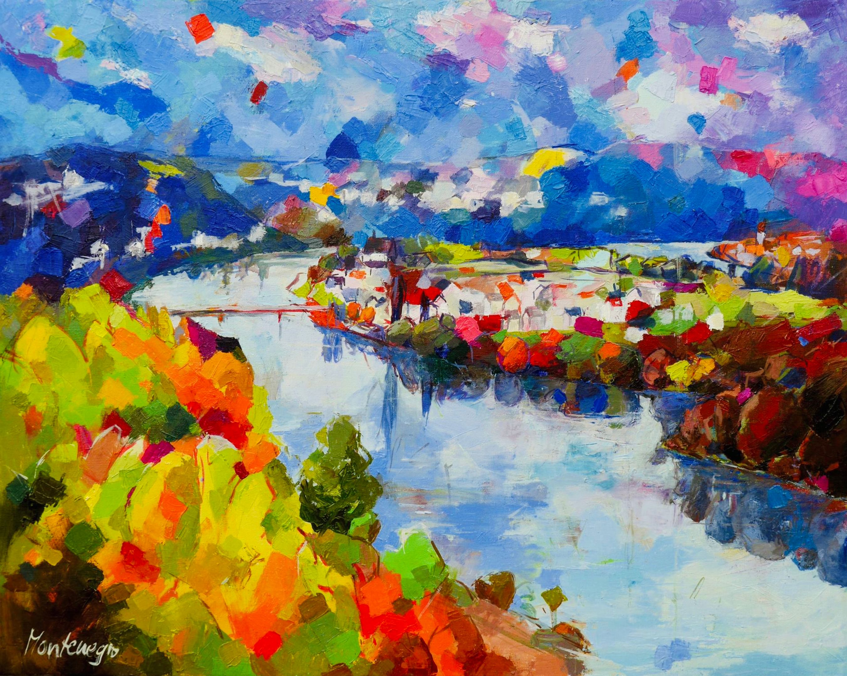 Miriam Montenegro pintura impresionista paisaje con río azul rodeado de árboles de hoja caduca