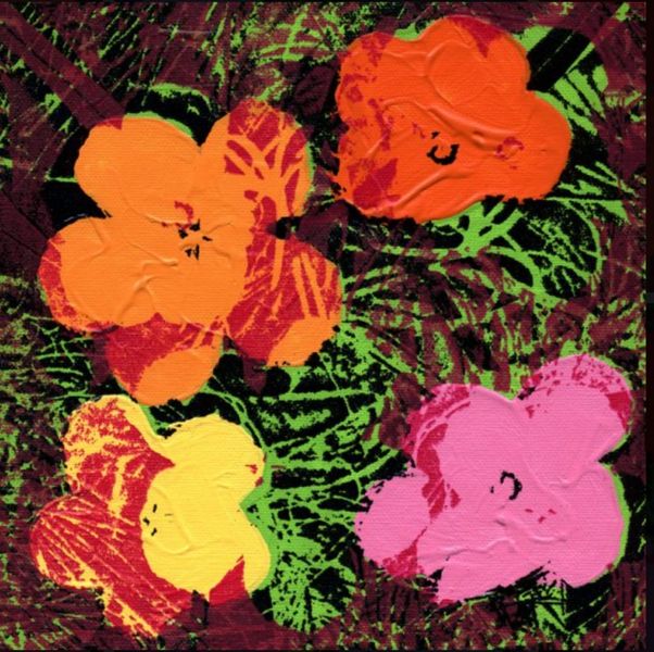 Jürgen Kuhl Siebdruck Malerei minimalistische orange pink Blüten auf grünem Hintergrund