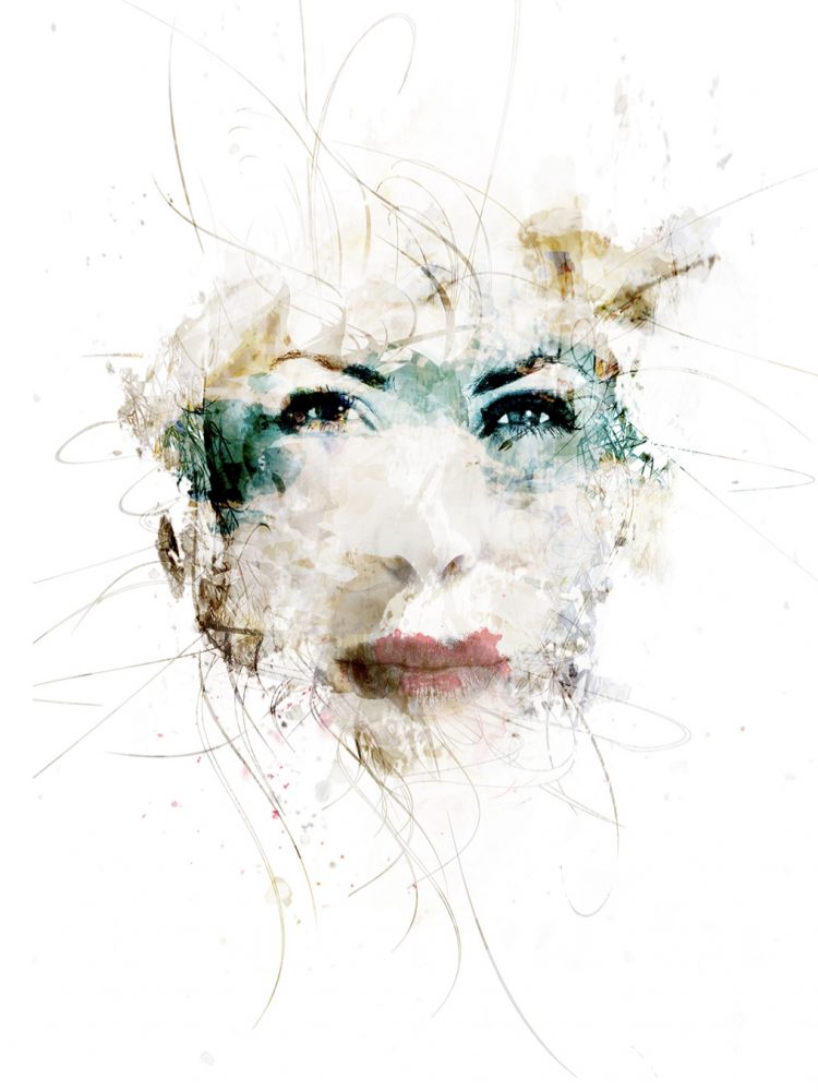 Jörg Conrad comporre illustrazione volto di donna in macchia di colore su sfondo bianco