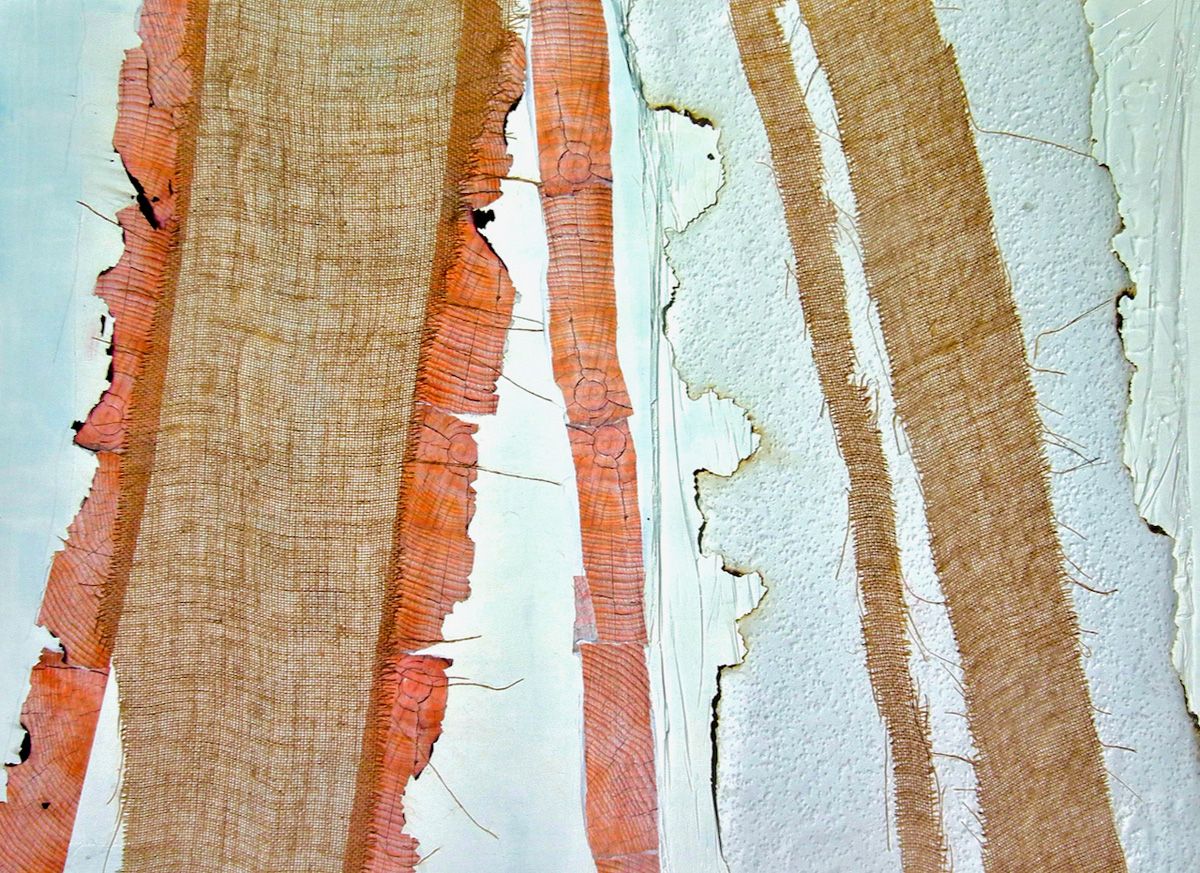 Ronny Cameron abstract painting vertical lines of jute and woodchip wallpaper and wood