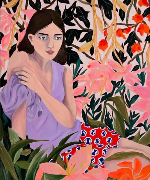 Vanessa van Meerhaeghe ist eine in Brüssel ansässige Malerin. Ihr Frauenporträt Gemälde "Reverie" ist elegant und farbenfroh; sie liebt es, mit kühnen Mustern zu arbeiten.