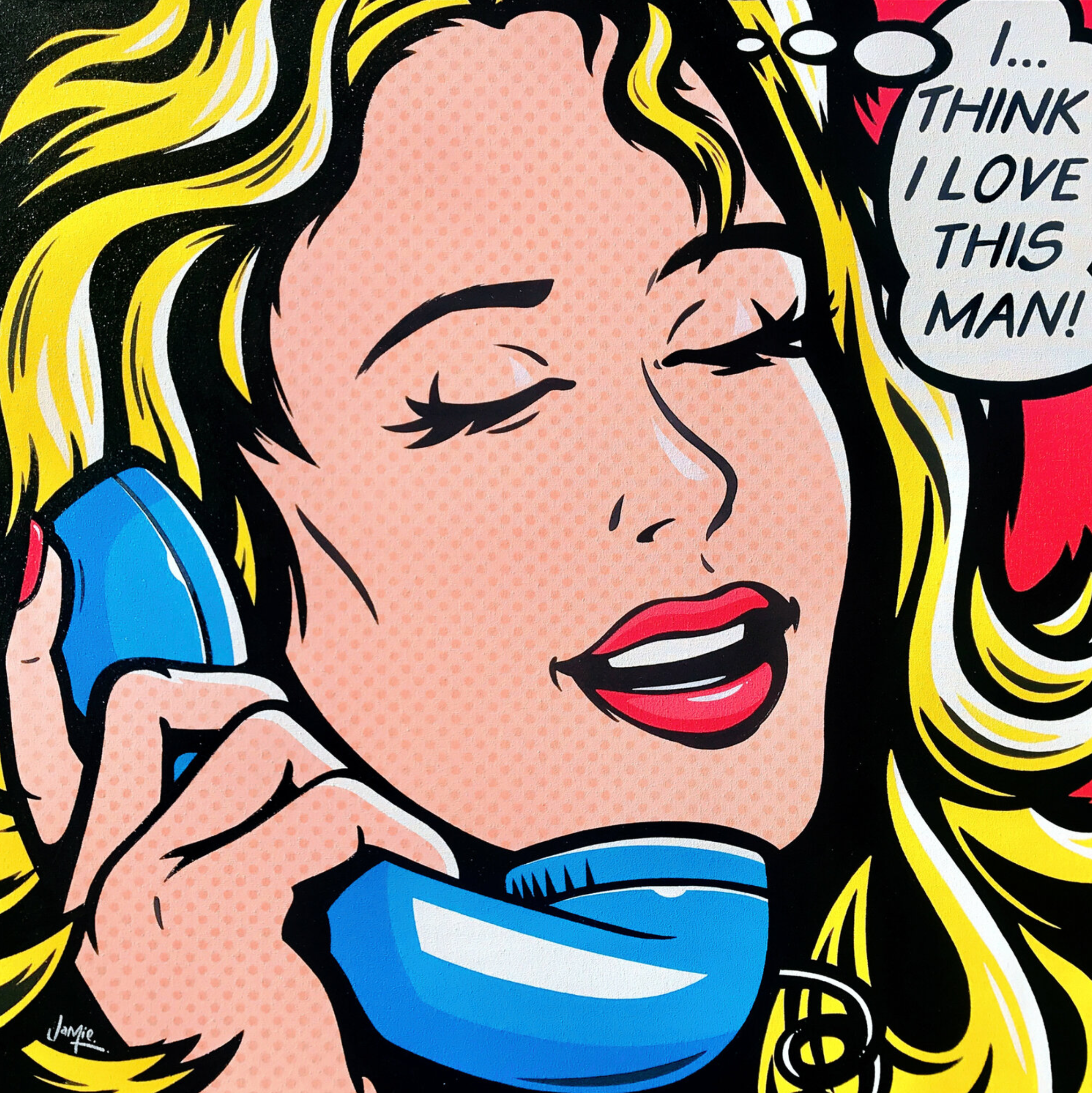 杰米-李的 "我想我爱这个男人 "漫画风格的流行艺术画，有原创设计，流行艺术女孩在电话里。一个漂亮的年轻女子在一个旧的复古电话上交谈，意识到她爱上了正在和她交谈的男人。