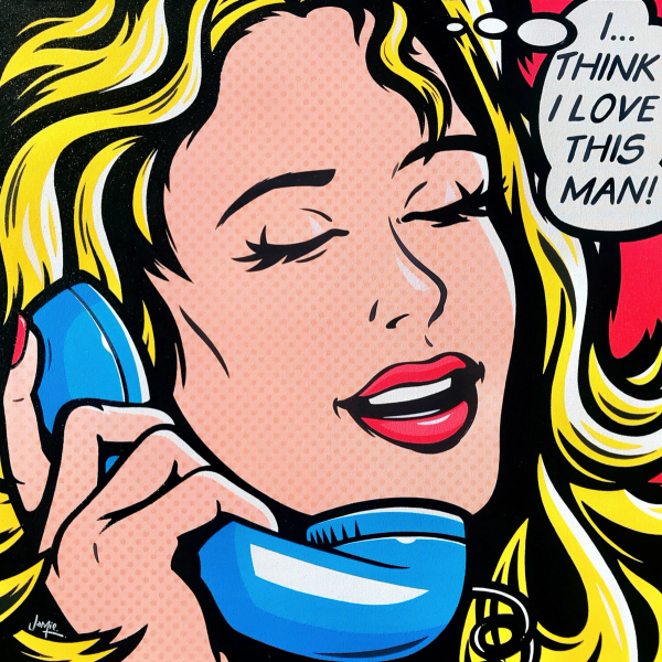 Jamie Lee "I Think I Love This Man" pintura pop art estilo cómic con diseño original, chica pop art al teléfono. Una bonita joven hablando por un viejo teléfono retro se da cuenta de que está enamorada del hombre con el que habla.