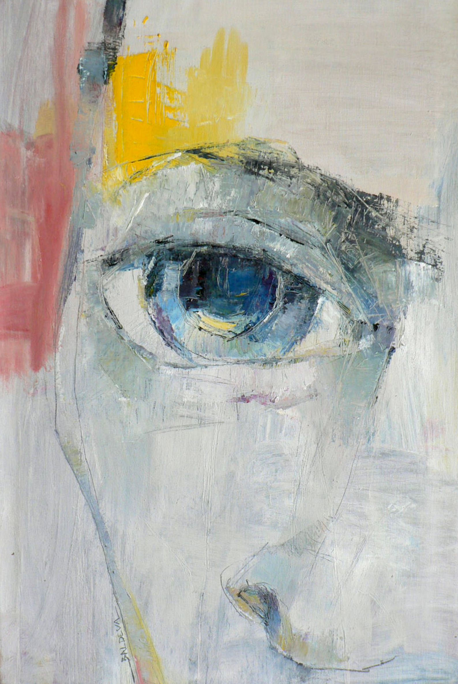 Le "Gros plan" de Sylvia Baldeva montre un tableau peint à l'huile. visage, regard, expression, gros plan, portrait