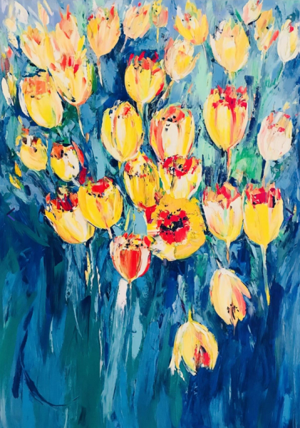 Svitlana Andriichenko ist eine Ukraine/Deutsche Malerei-Künstlerin. "We Are Yellow. PS" ist ein abstraktes Blumenbild. Gelb und Blau sind die dominierenden Farben.
