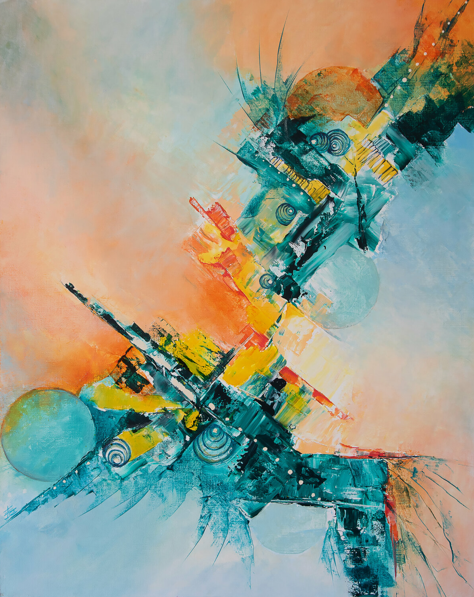 Edenspace" de Françoise Dugourd-Caput, acrílico abstracto y óleo sobre lienzo, pintura, un cuchillo, un espacio onírico o un paisaje extraterrestre. La luz acompaña el viaje en medio de un caos de esferas y formas geométricas que se abren a un espacio portador de esperanza.