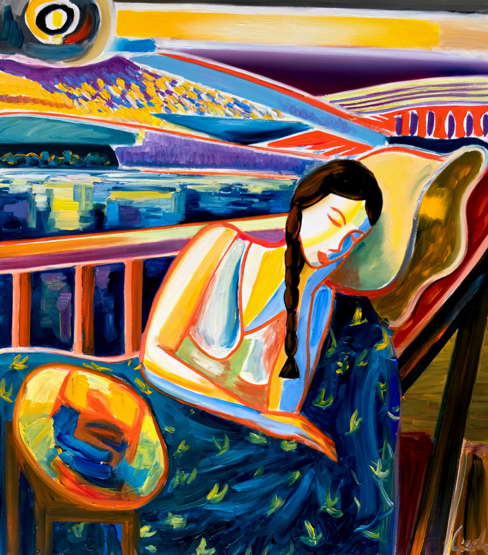 MECESLA Maciej Cieśla, "Ragazza addormentata e paesaggio italiano", dipinto astratto di una giovane ragazza addormentata con combinazioni di colori aggressivi davanti a un paesaggio italiano.