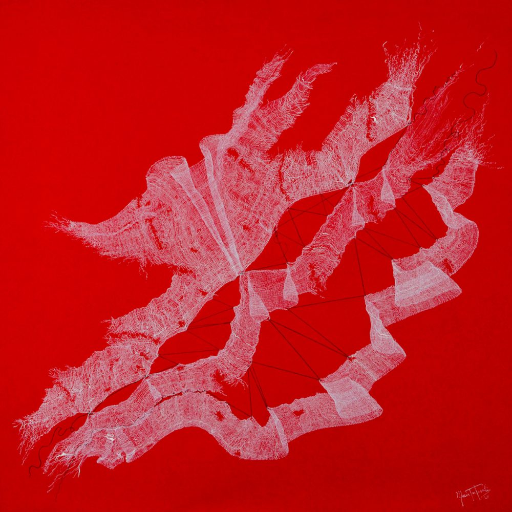 Maria Pia Pascoli abstrakte Fotografie Mullbinden auf rotem Hintergrund