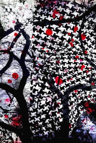 Delia Dickmann abstract photography under view cherry blossom tree and black and white fabric pattern with red circles