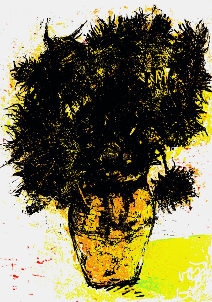 Klaus Heckhoff abstrakte Malerei illustration van Gogh Sonnenblumen verfremdet schwarz gelb