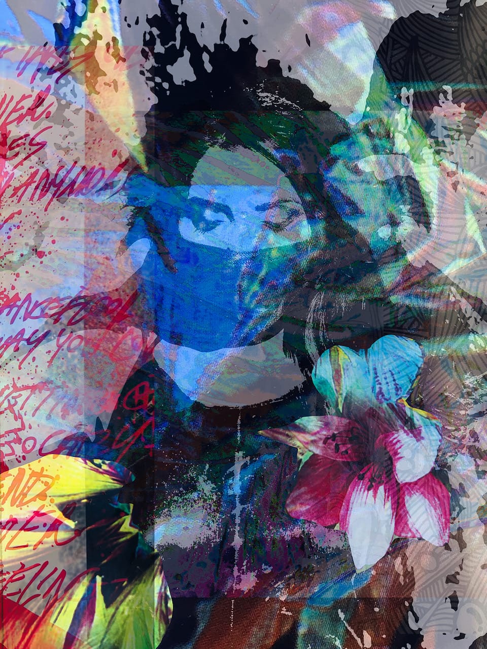 Ute Bruno abstrakte Foto collage Überlagerung Frauen Portrait Typographie und Blumen