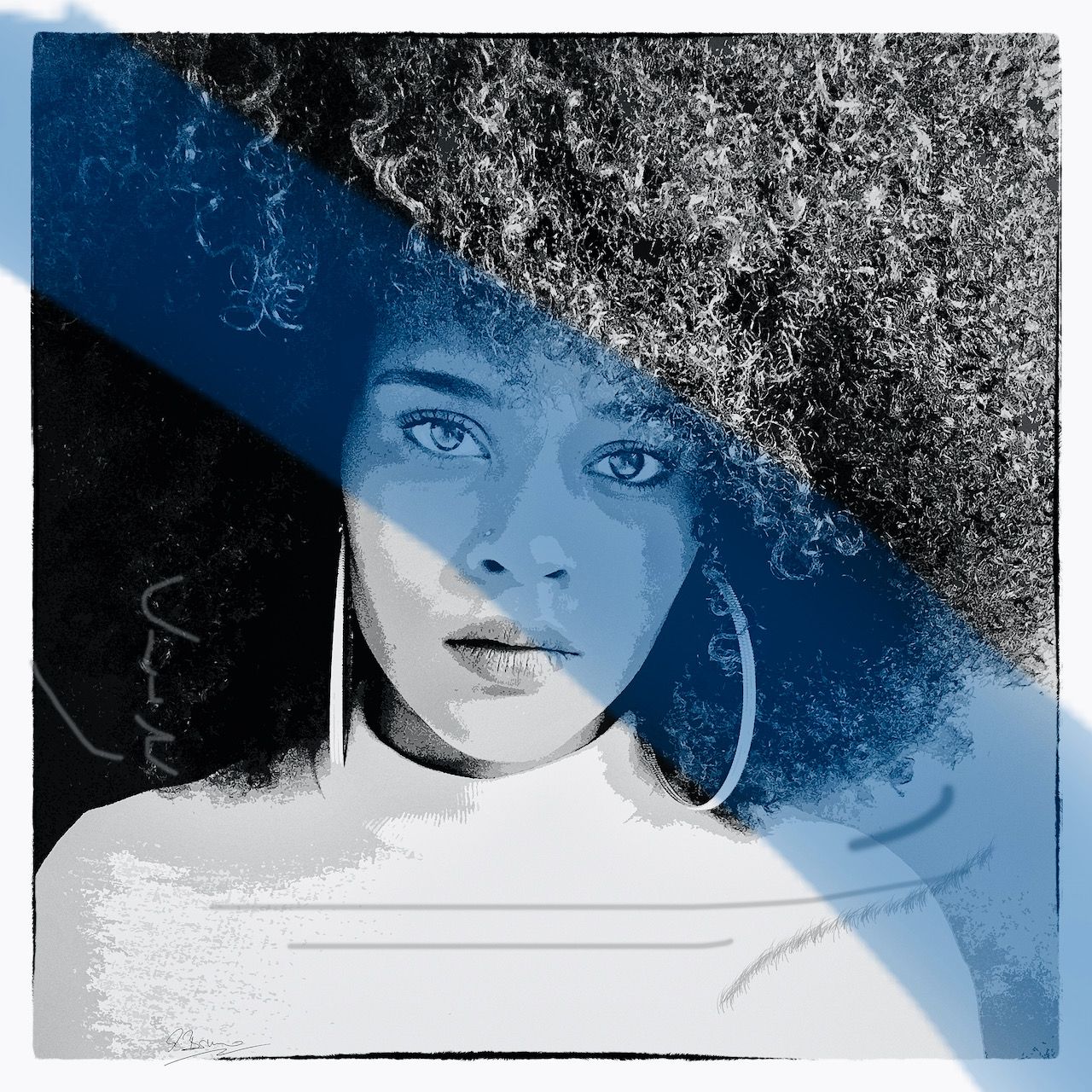 Ute Bruno composición digital Retrato Fau con criollos y pelo rizado Superposición pincelada azul