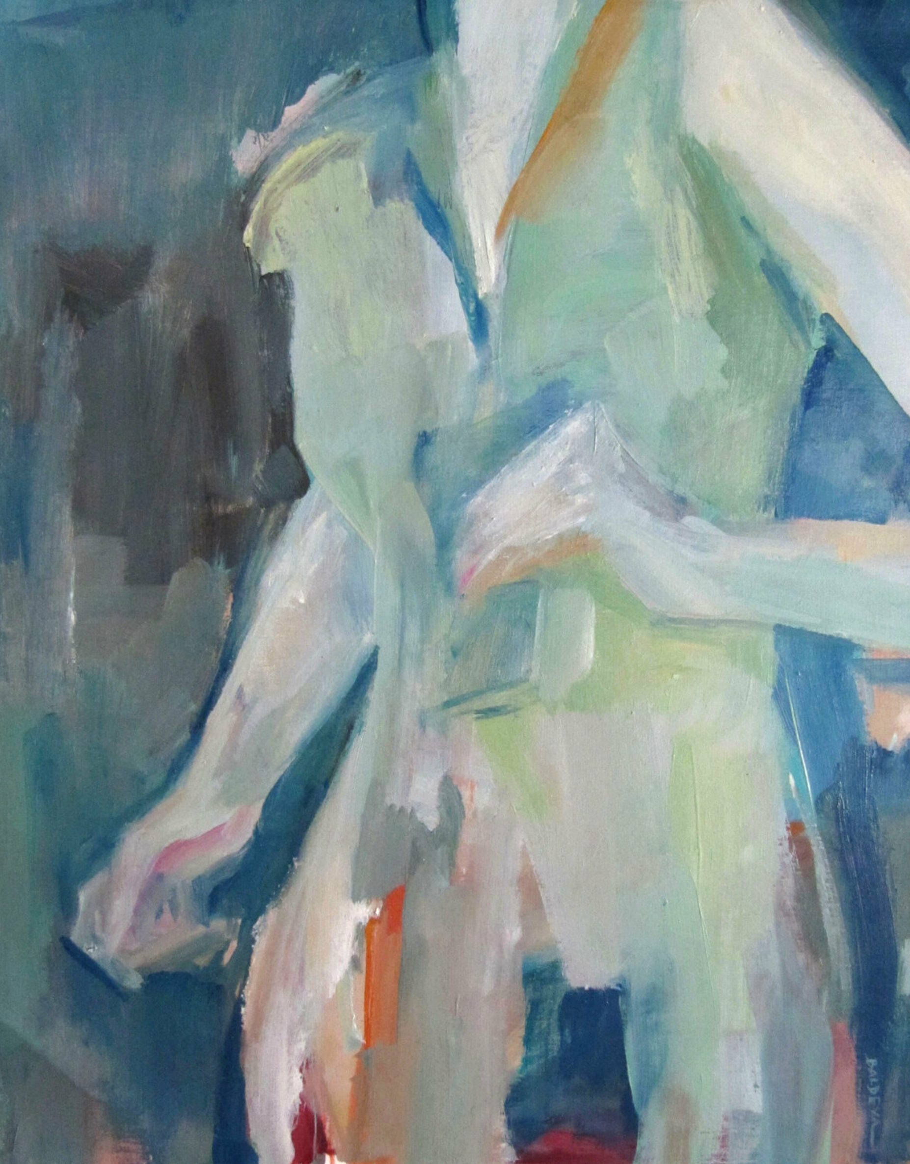 Cource", de Sylvia Baldeva, es un óleo pintado de forma semiabstracta.  Primer plano de una mujer caminando una escena de la vida.