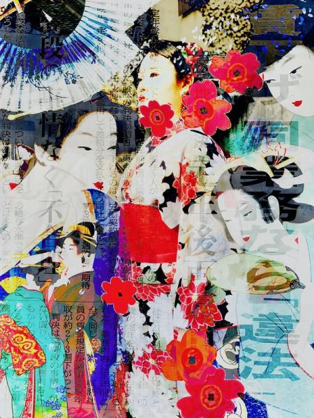Ute Bruno Digitale Collage alte Illustrationen Japanische Frauen in Kimono Überlagerung Blüten und Zeitung