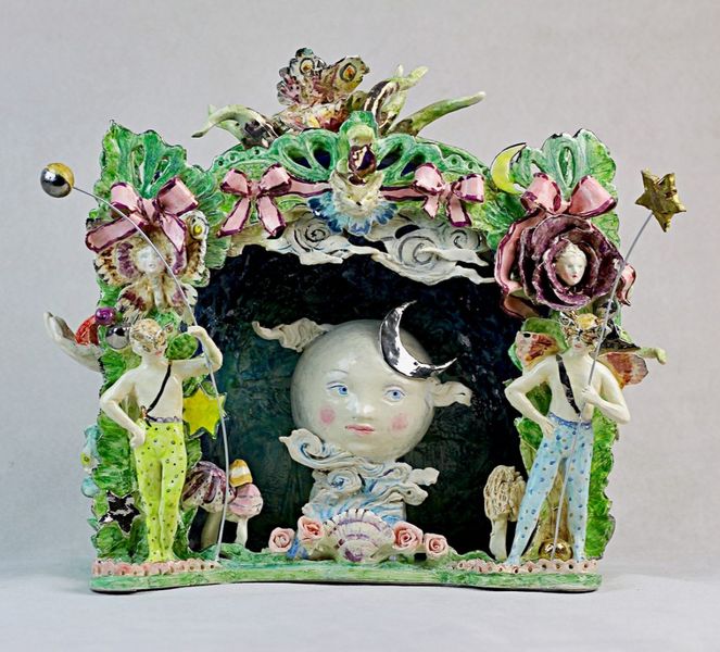 Cecilia Copola Ceramic Figurine Green Decorated Theatre with Plants and Moon with Face on Stage