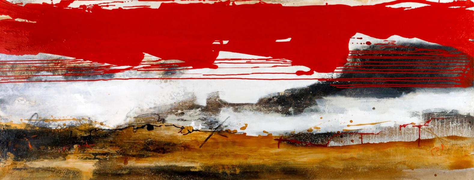 Martina Chardin abstrakte Malerei rote Ocker und weiße vertikale Pinselstriche