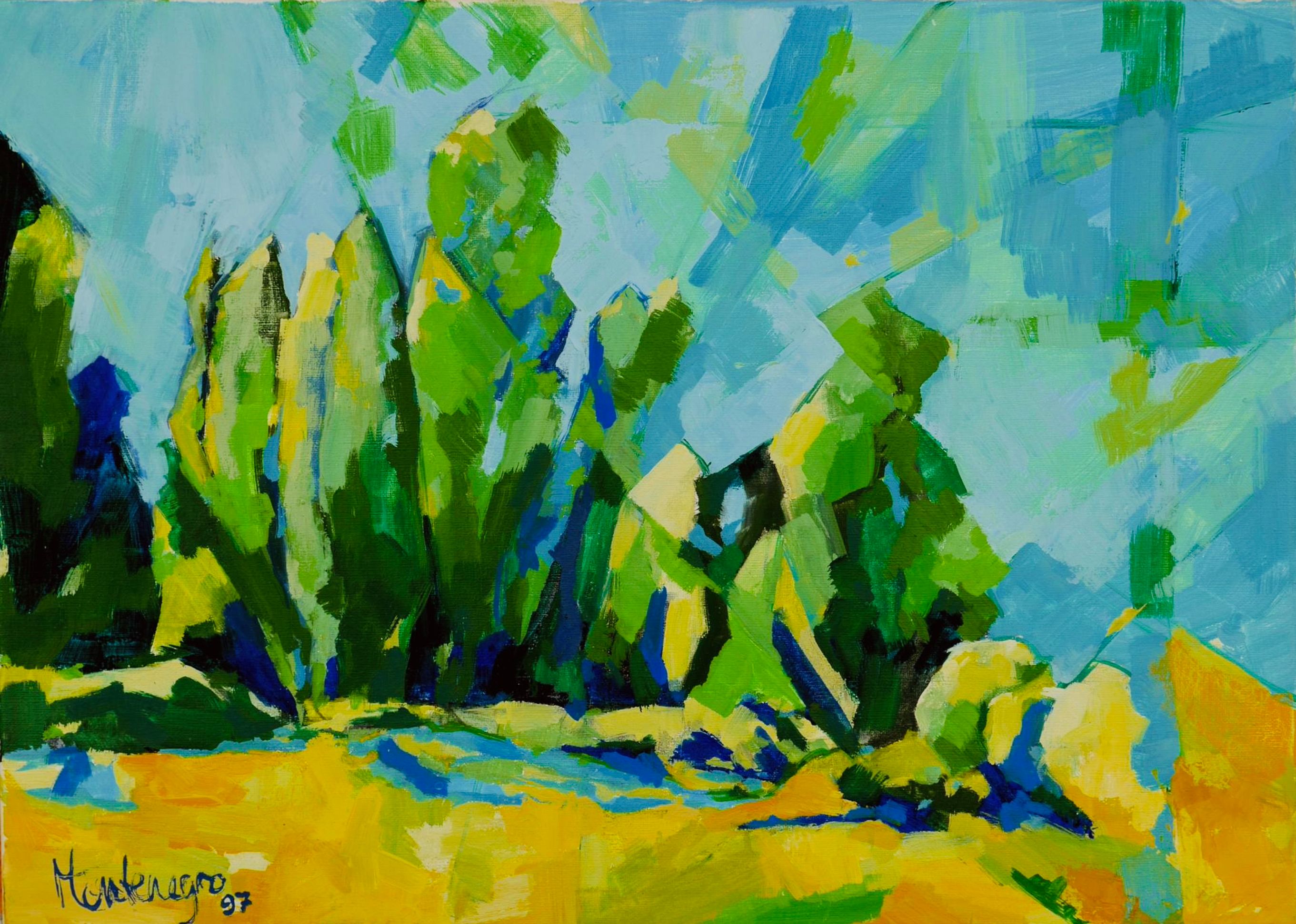 米里亚姆-黑山的表现主义绘画《绿色植物的风景》。