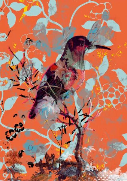 Teis Albers  Malerei Collage exotischer Vogel auf orangen Hintergrund