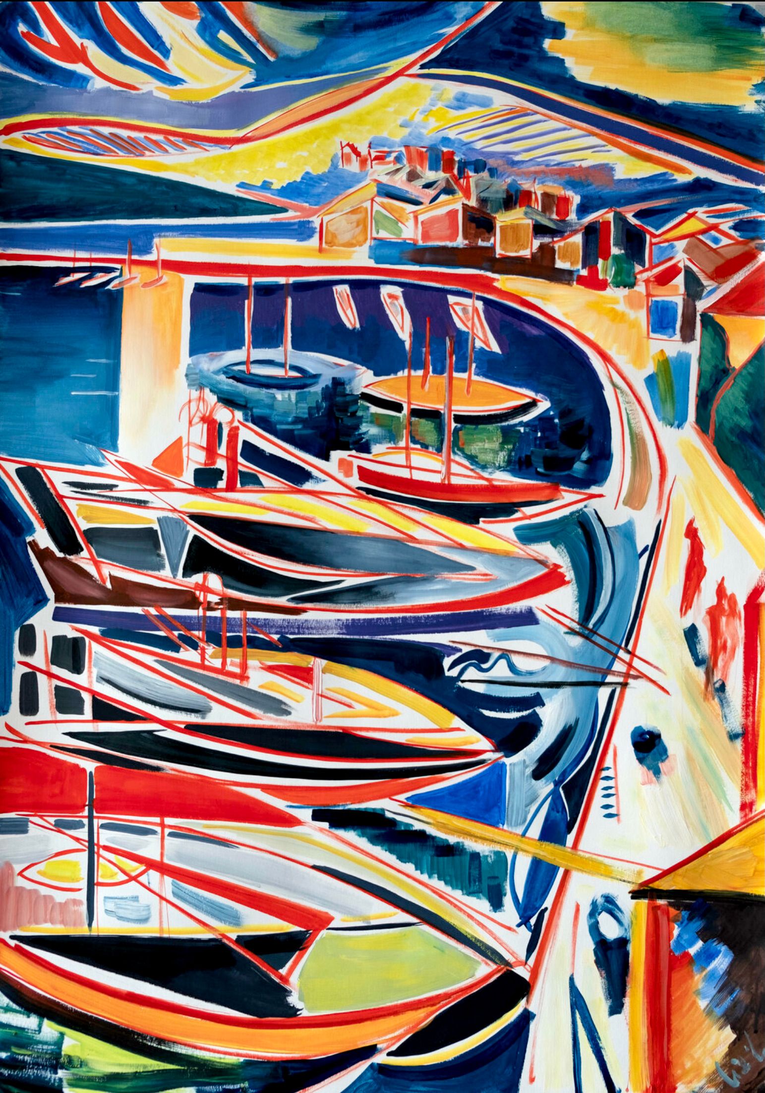 MECESLA Maciej Cieśla, "Portofino Italia en formas abstractas", Pintura abstracta colorista de puerto italiano con barcos