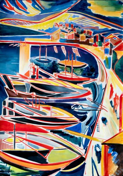 MECESLA Maciej Cieśla, „Portofino Italy in abstract forms", Abstraktes farbenfrohes Gemälde vom italienischer Hafen mit Booten