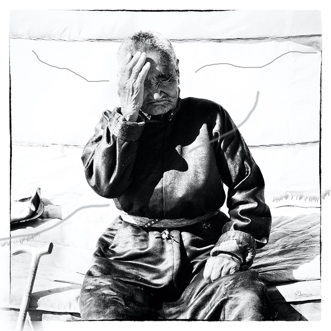 Ute Bruno peinture numérique noir et blanc Portrait d'une vieille femme assise avec une canne