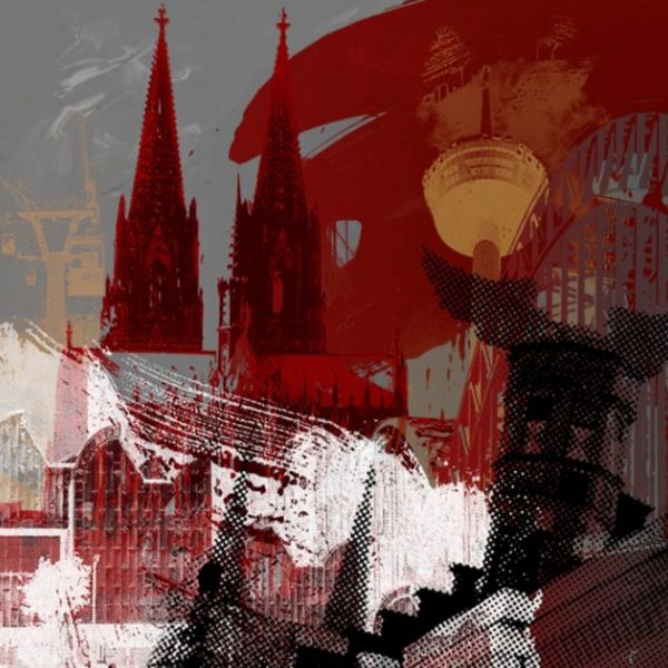 Jürgen Kuhl abstract painting silkscreen Cologne Cathedral and TV Tower overlay