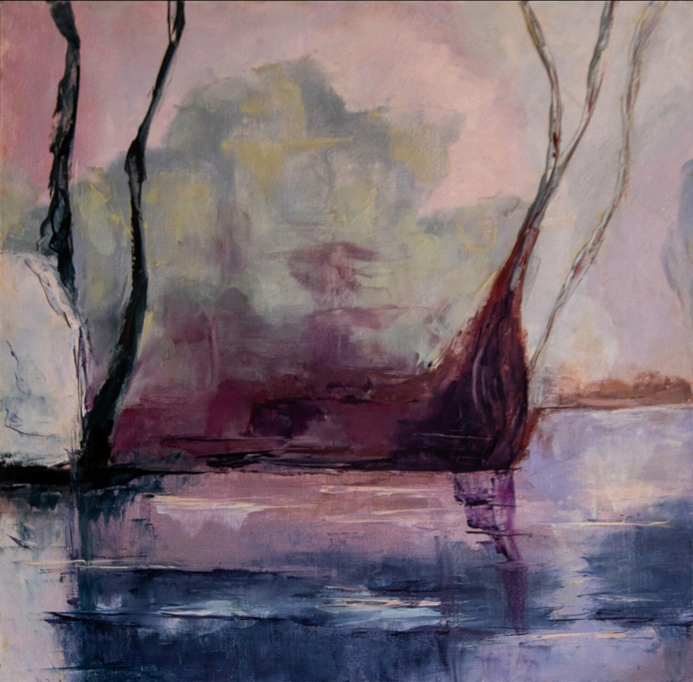 弗朗索瓦丝-杜古德-卡普特的 "Hivernal "抽象画展示了池塘边的风雪自然印象，一棵有点迷失在自然中的树迷失在冬季雾气的柔和中，从紫色到蓝色来自天空，而自然的影子反映在静止的水中的合唱中，平静来自秋天黄昏的清新画风