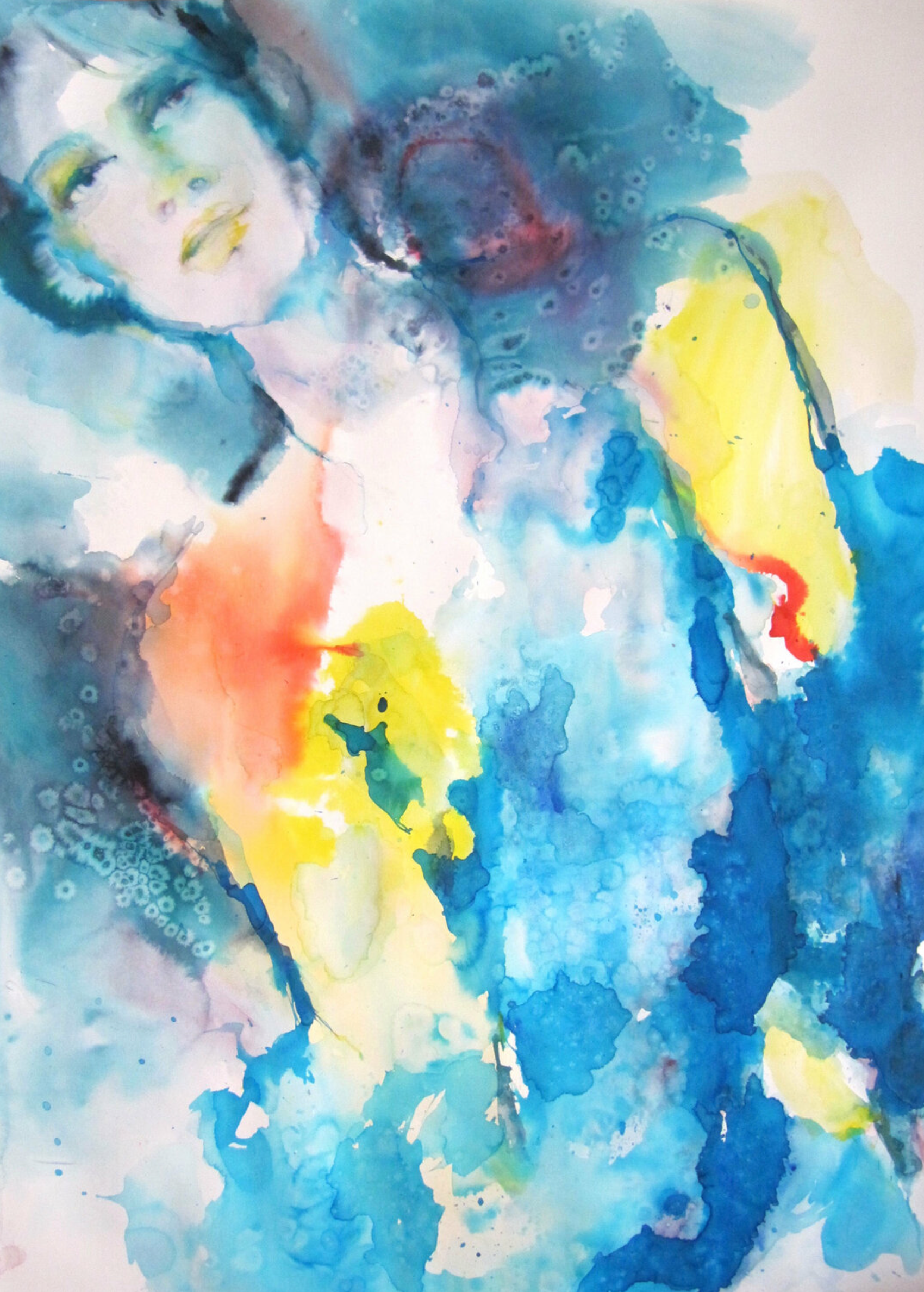 La "Rêverie" de Sylvia Baldeva montre une aquarelle, peinture semi-abstraite. Portrait, état d'être, rêve, expressionnisme, aquarelle et encre sur papier Canson® Travail encadré.