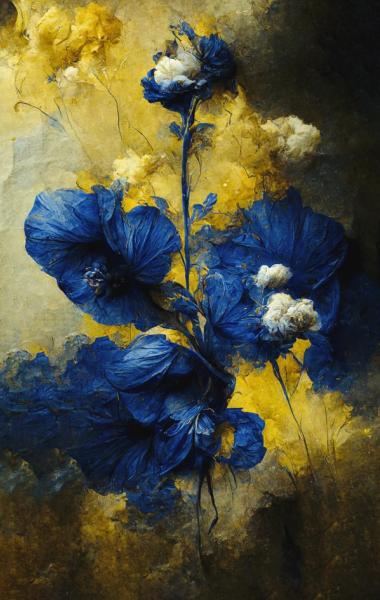 Teis Albers Malerei blaue und gelbe zerbrechliche Blumen 