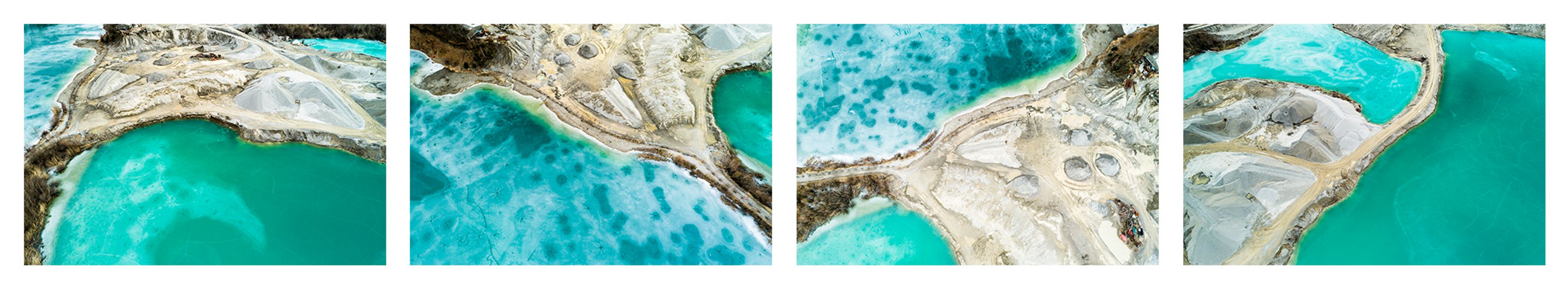 Stefan Kuhn's "Lakeshore Operations / Winter Serie #6" Drohnen Fotografie zeigt ein Seeufer mit 4 Motiven in einem Bild.
