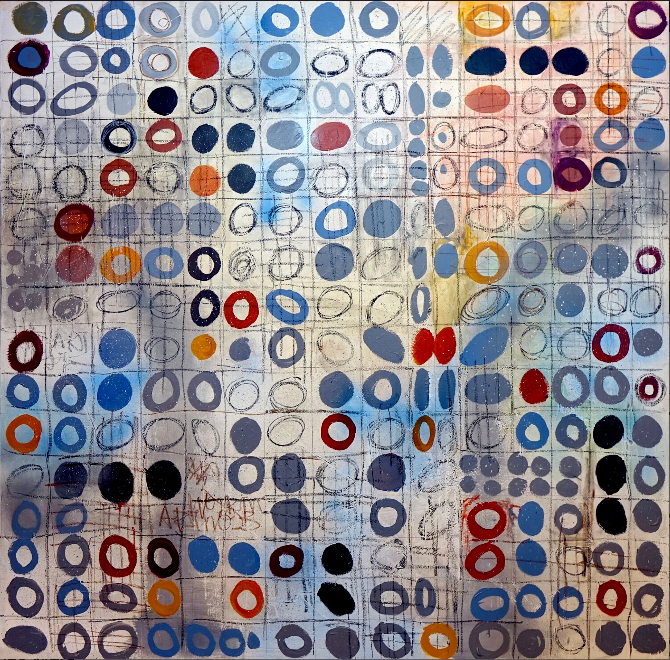 Wojtek Babski, "Circles 3", cerchi e punti, pittura pop art di grande formato su tela