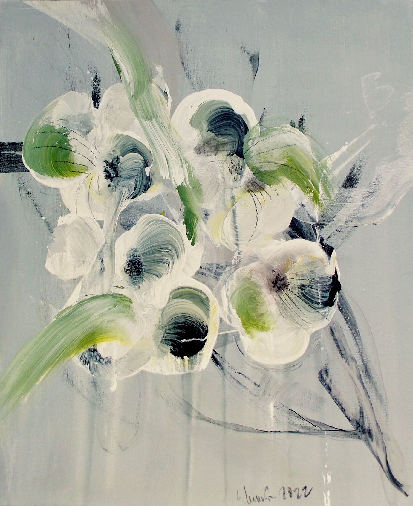 En el cuadro expresionista abstracto de flores "Blumenrausch 1" de Christa Haack dominan los colores beige, verde y negro.