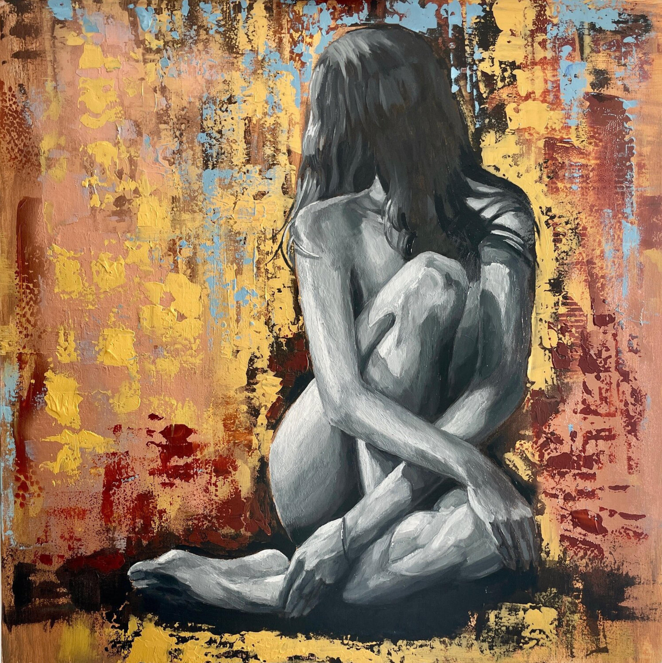 "Sunny Day" di Anna Reznikova mostra un quadro di nudo, una bella donna seduta davanti a un muro colorato.