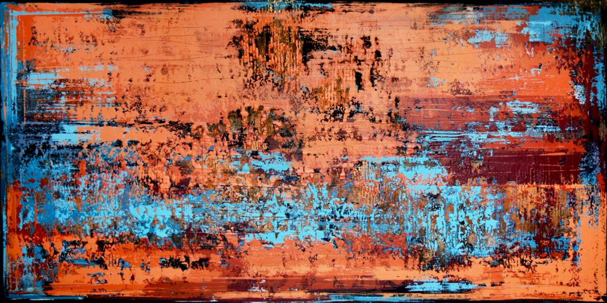 Inez Froehlich's "CRAZY ADVENTURE" abstract painting is dominated by the colours, light blue, gold and brick red. The style of the painting is shabby chic, industrial style, vintage, retro, boho, rustic.
