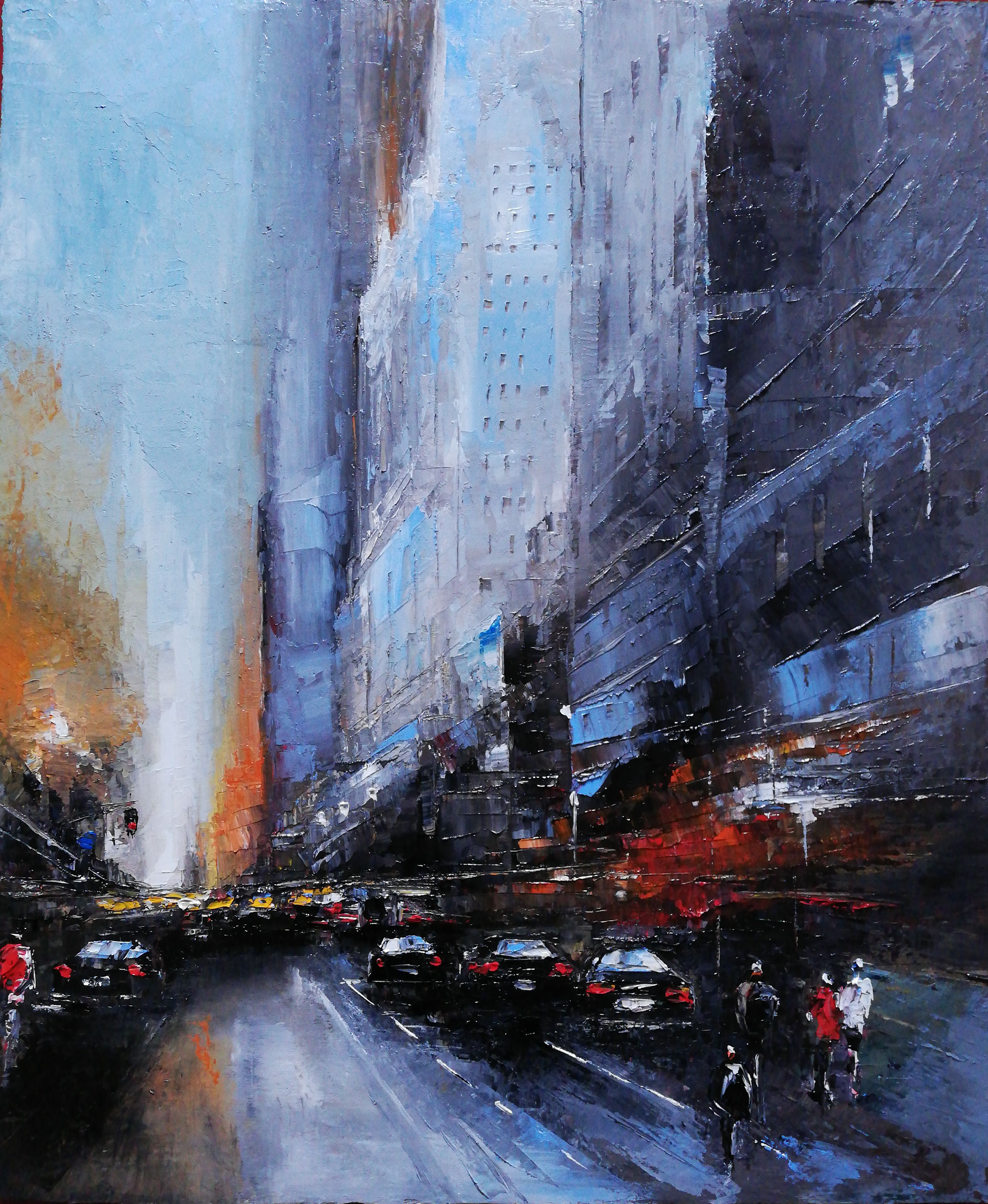 Philippe Meslin "Manhattan traffic Huile sur lin" painting, is a figurative coloured oil painting of a Manhattan street scene.