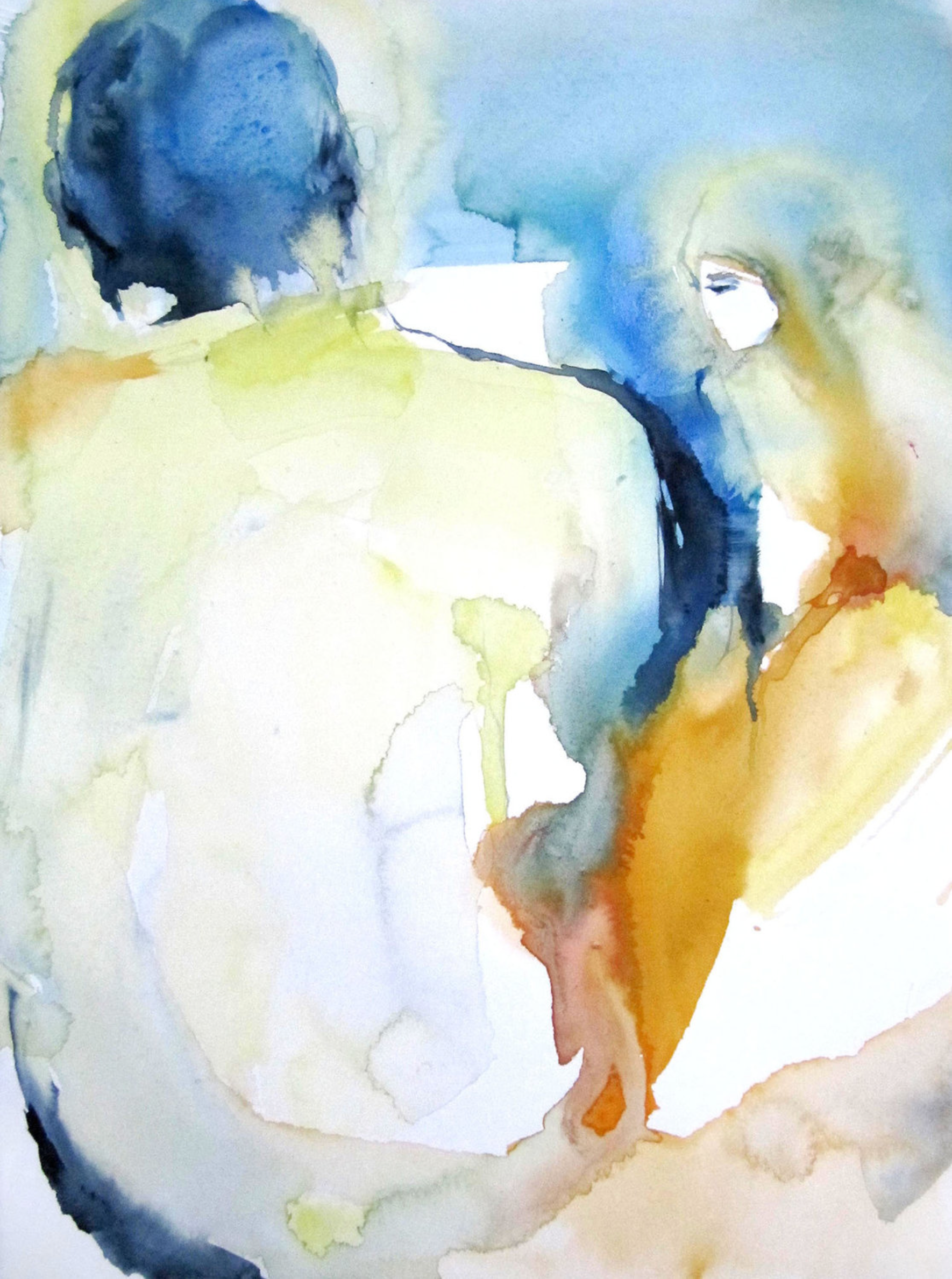 Sylvia Baldeva的《Point de vue》展示了一幅水彩画，半抽象画。生活场景，夫妇，男人，女人，具象抽象，康森®纸上的水彩画