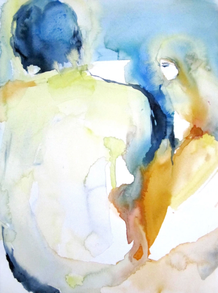 Sylvia Baldeva's "Point de vue" zeigt ein Aquarell, semi-abstraktes gemaltes Gemälde. Lebensszene, Paar, Mann, Frau, figurative Abstraktion,  Aquarell auf Canson®-Papier