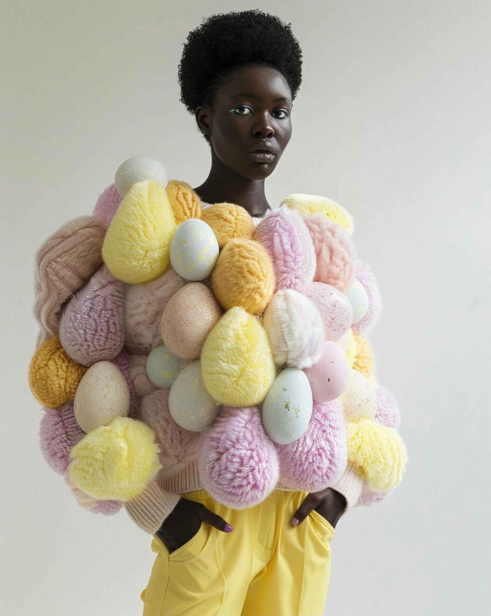 Bonny Carrera's AI-generated portrait image ‘Easter 2024’ shows a woman of colour wearing a decorative Easter egg jacket. 