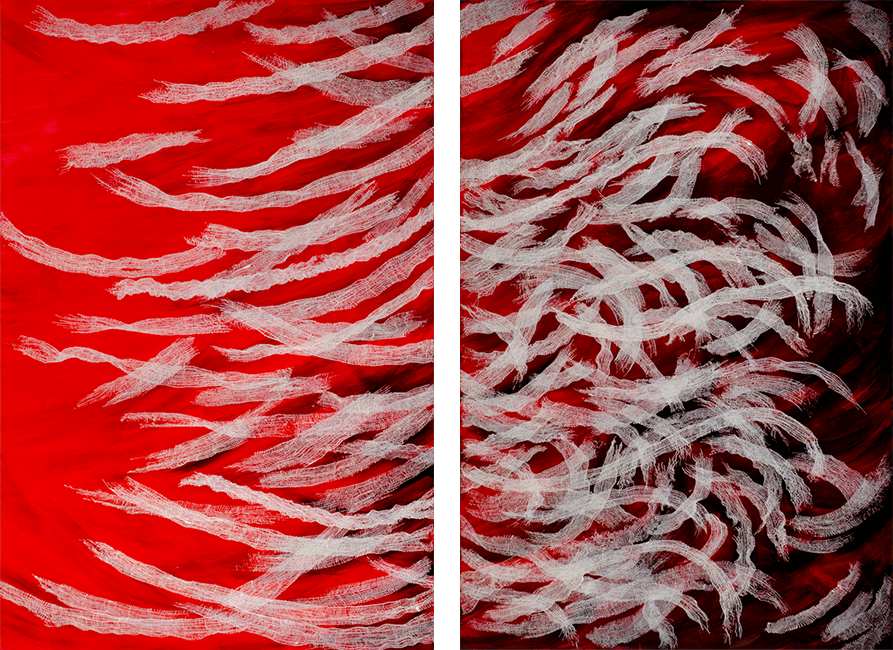 Maria Pia Pascoli pittura astratta forme d'onda bianche su sfondo rosso