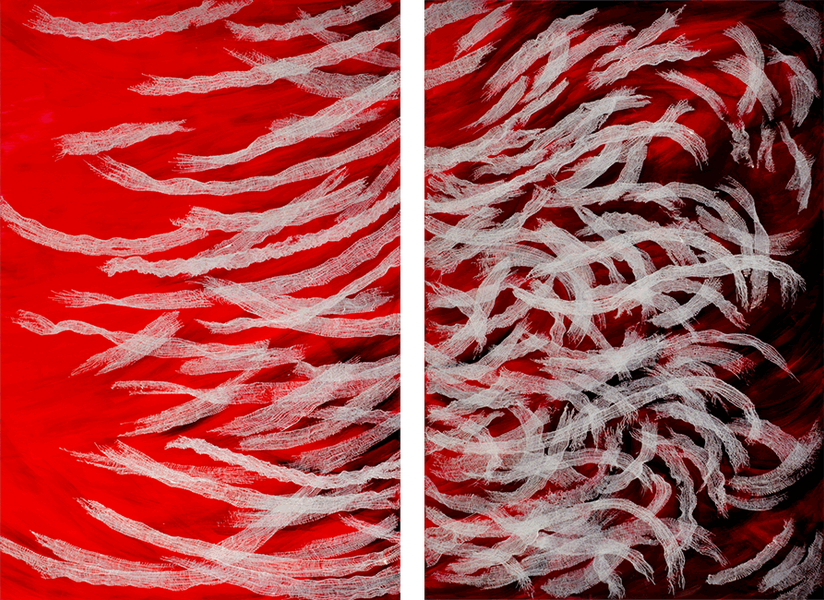 Maria Pia Pascoli abstrakte Malerei weiße Wellenformen auf rotem Hintergrund
