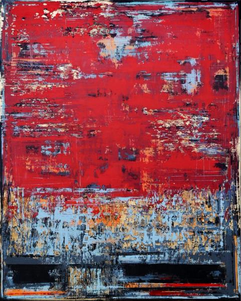 Inez Froehlich's "TIME JOURNEY" abstract painting is dominated by the colours, gold, rust, anthracite, black, grey-blue, brick-red and orange. The style of the painting is shabby chic, industrial style, vintage, retro, boho, rustic.
