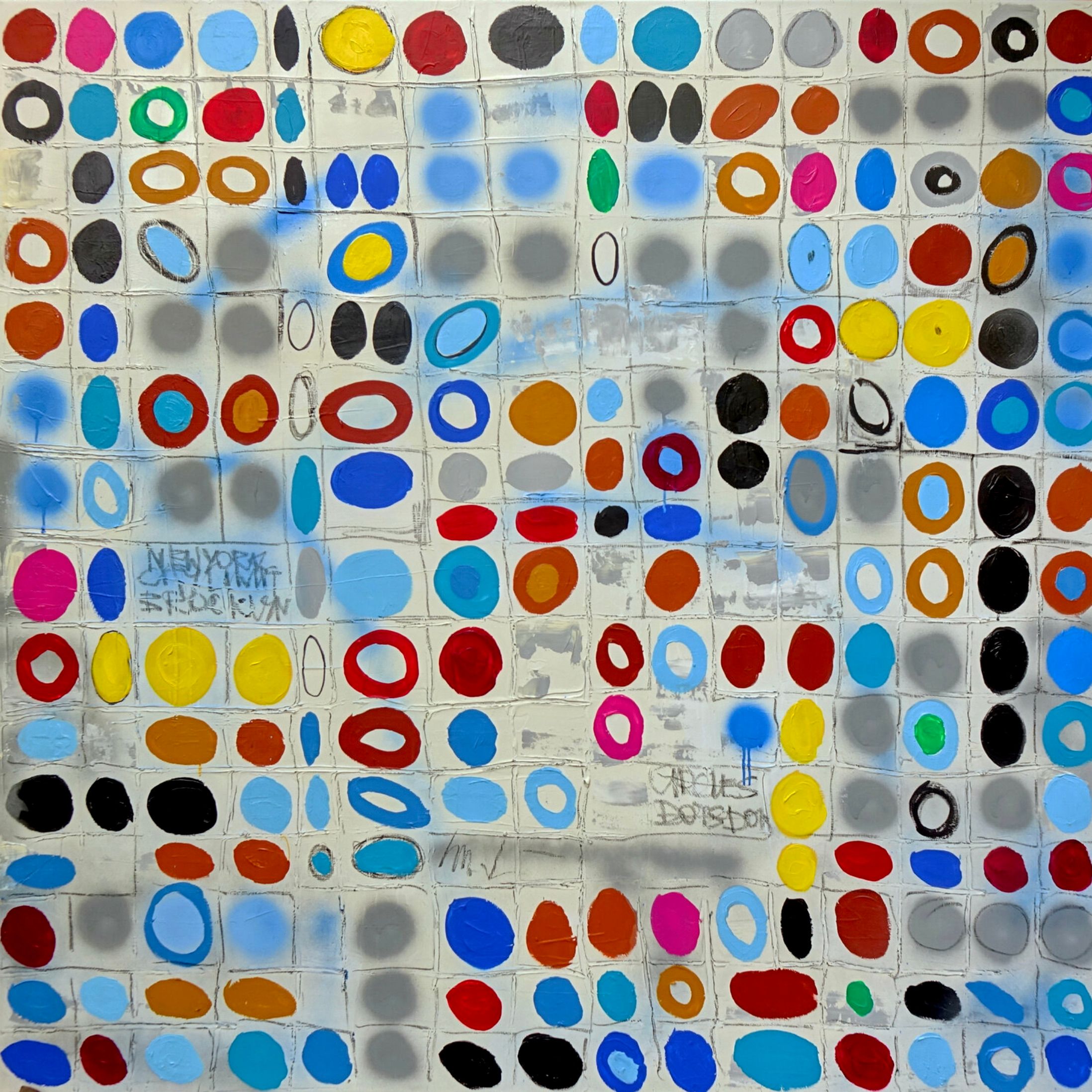 Wojtek Babski, "Circles 2", cerchi e punti, pittura pop art di grande formato su tela