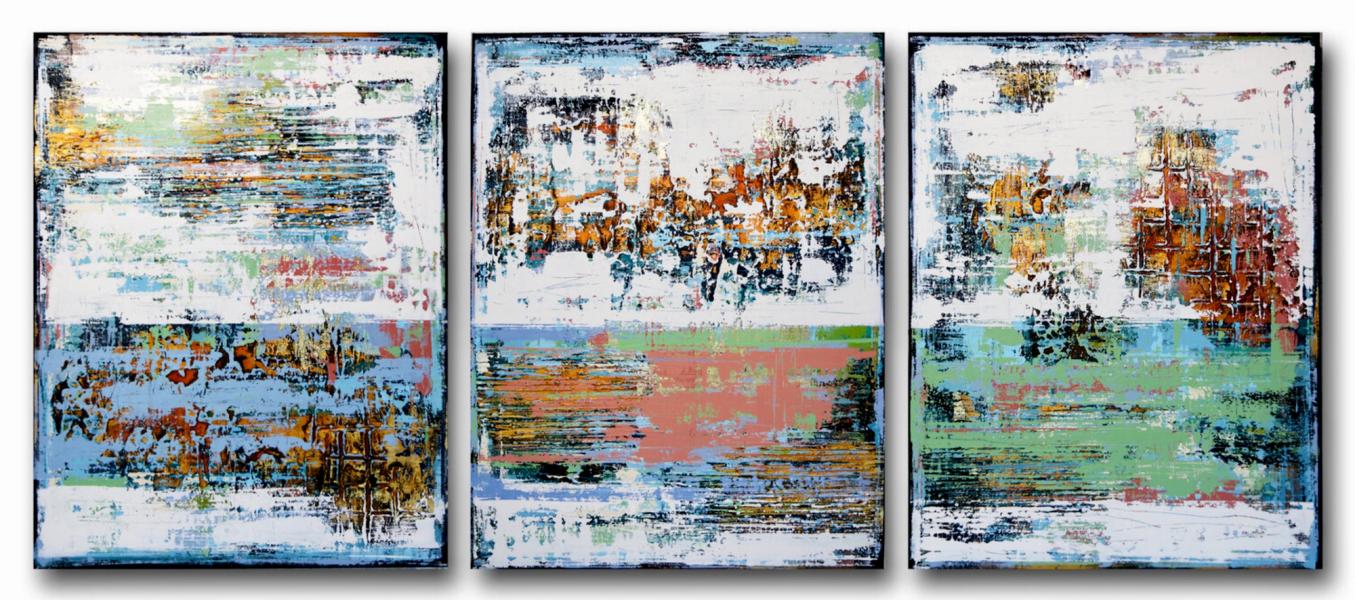 Inez Froehlich's "COLD MORNING" abstract painting consists of 3 parts á 80 x 60 cm. The dominant colours are white, red, blue, turquoise, green and gold. The style of the painting is shabby chic, industrial style, vintage, retro, bohemian interior.