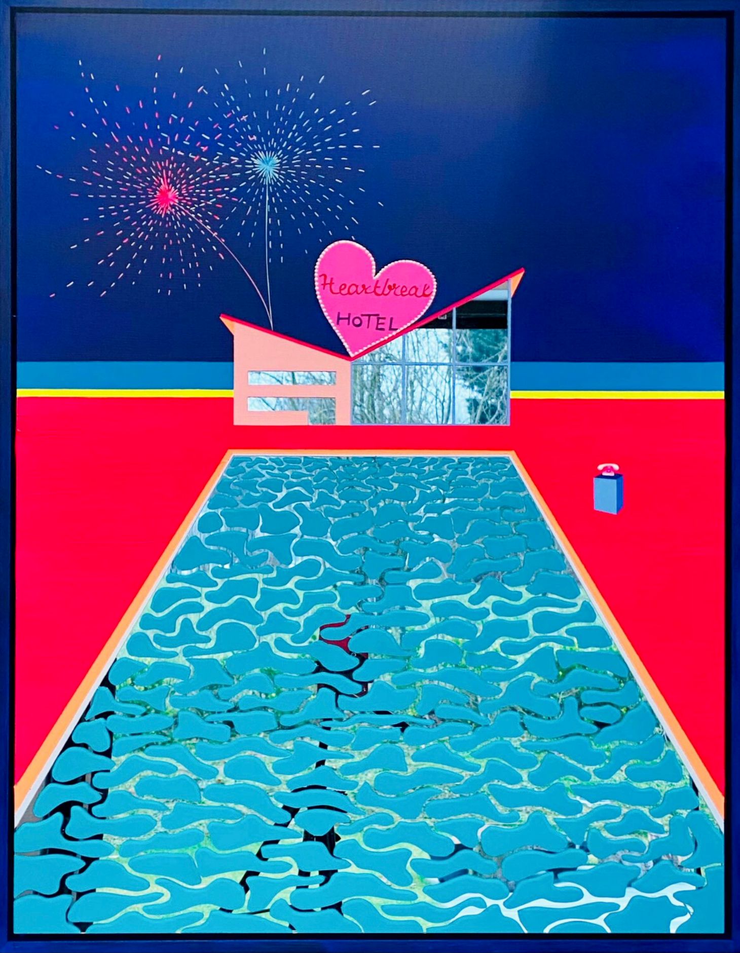 Isabelle Derecque, "Heartbreak hotel" Peinture colorée, dans un lieu mystérieusement coloré, habité par des créatures marines et peint sur des miroirs en plexiglas dans un style pop-up avec des couleurs joyeuses et énergiques. Visualisé par la géométrie, les perspectives, les contrastes et les reflets.